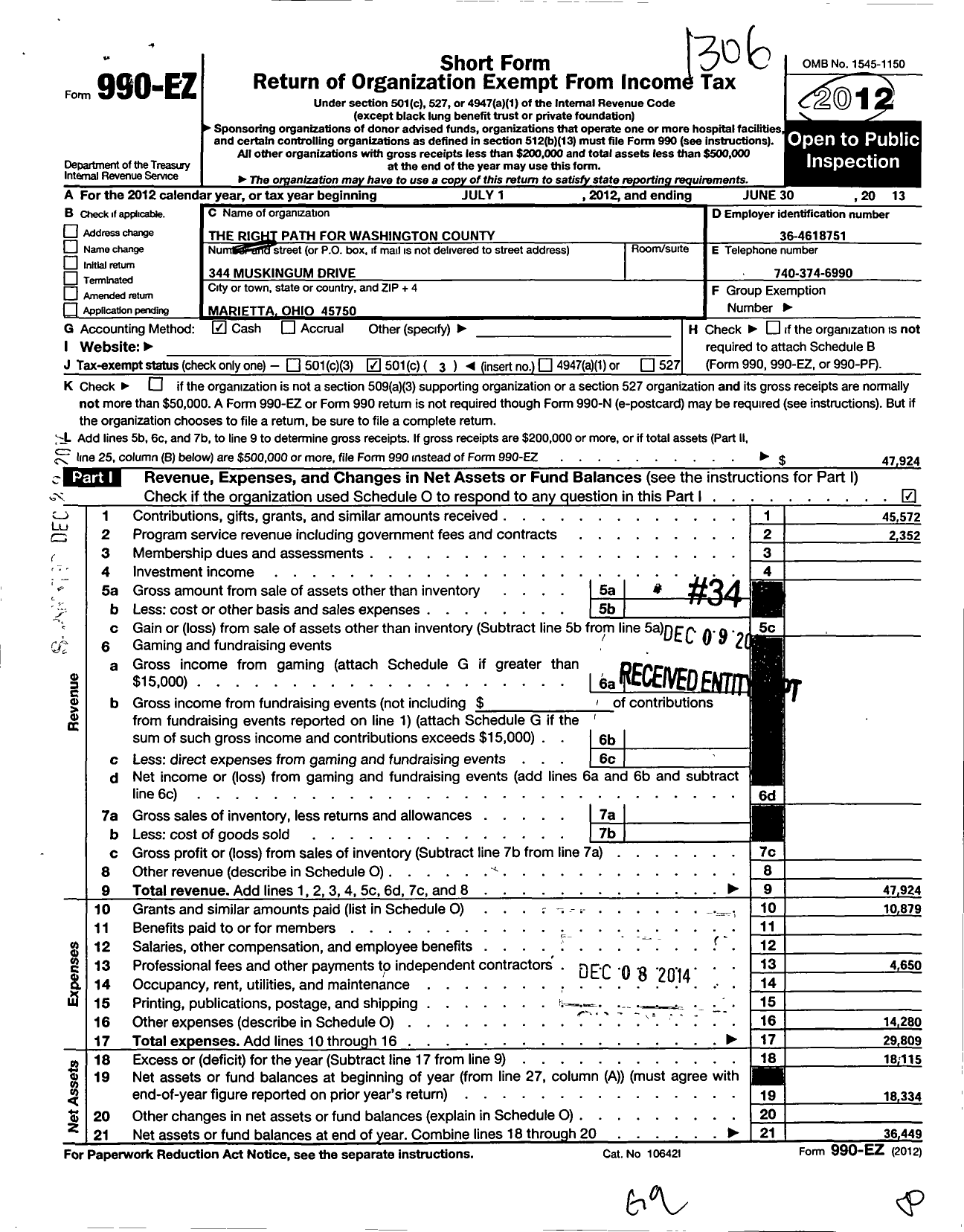 Image of first page of 2012 Form 990EZ for The Right Path for Washington County