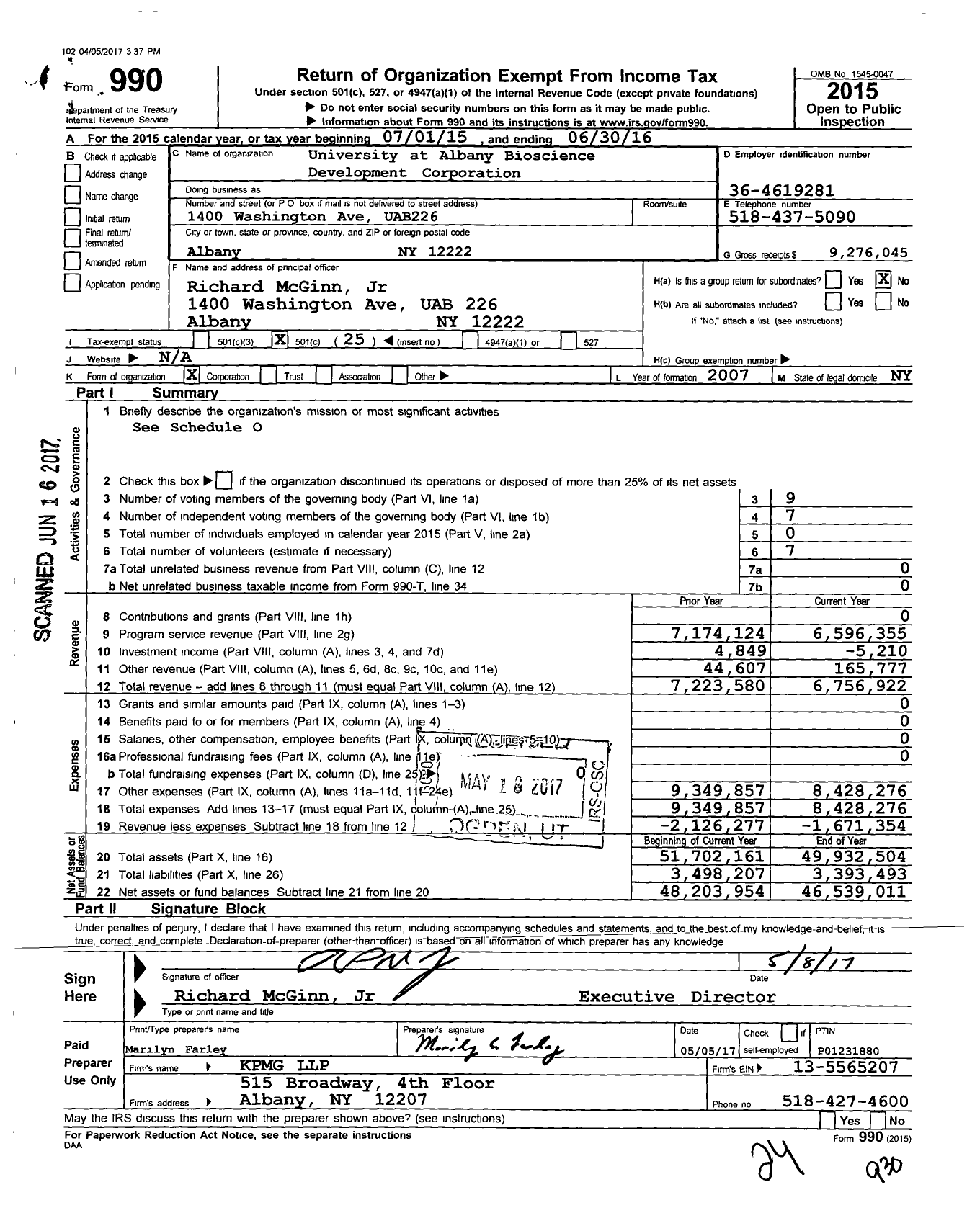 Image of first page of 2015 Form 990O for University at Albany Bioscience Development Corporation