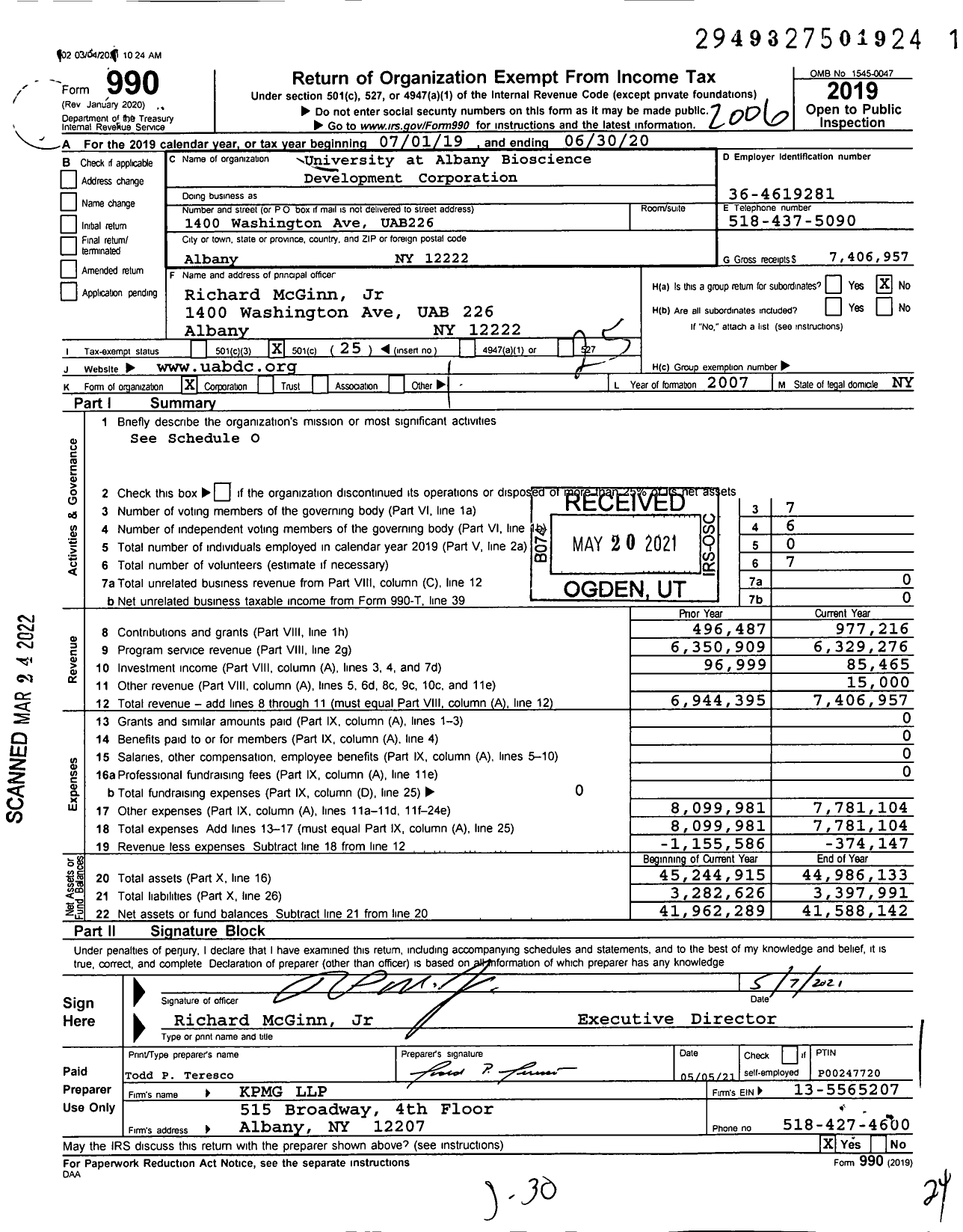 Image of first page of 2019 Form 990O for University at Albany Bioscience Development Corporation