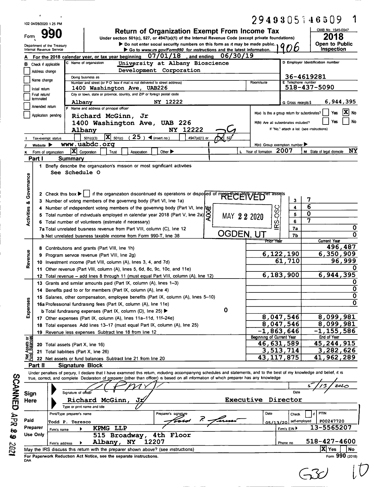 Image of first page of 2018 Form 990O for University at Albany Bioscience Development Corporation