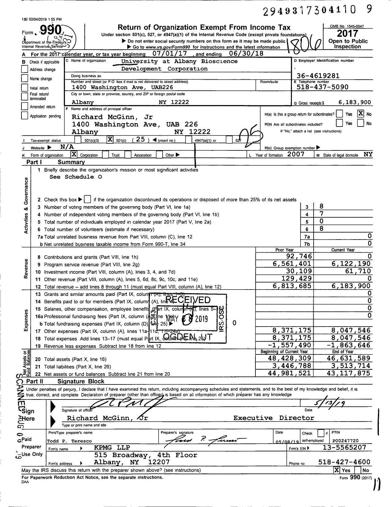 Image of first page of 2017 Form 990O for University at Albany Bioscience Development Corporation