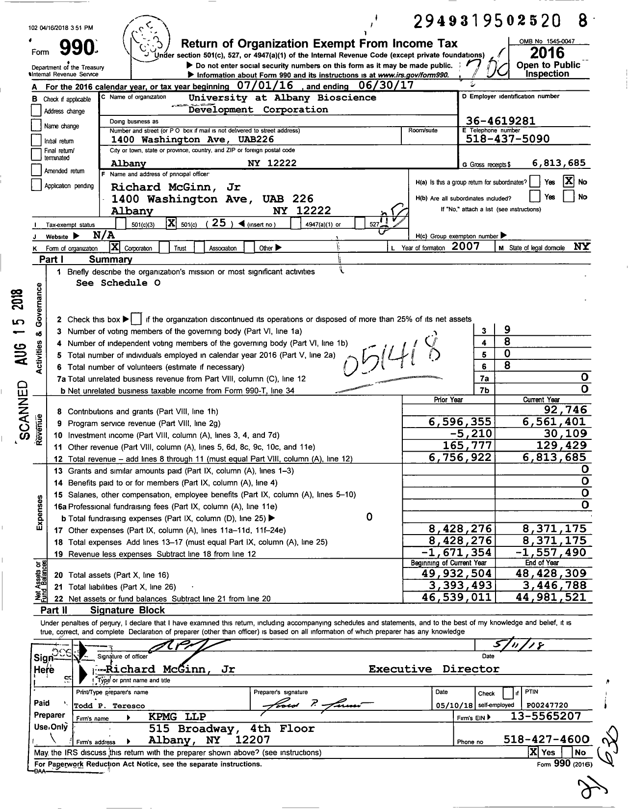 Image of first page of 2016 Form 990O for University at Albany Bioscience Development Corporation
