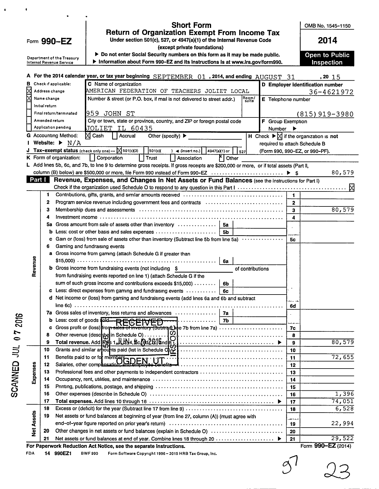 Image of first page of 2014 Form 990EZ for American Federation of Teachers - 0604 Council Joliet Ed Support