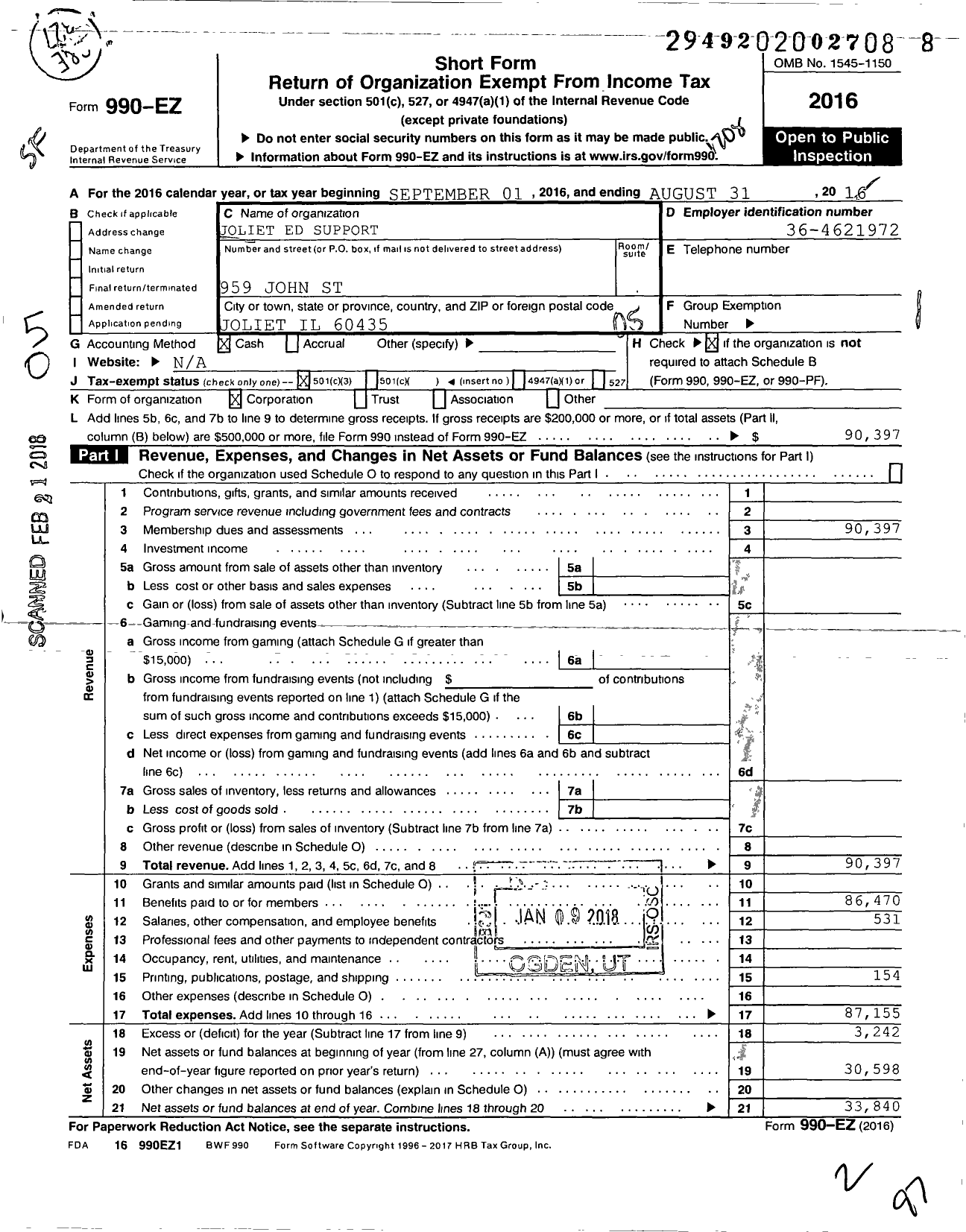Image of first page of 2016 Form 990EO for American Federation of Teachers - 0604 Council Joliet Ed Support