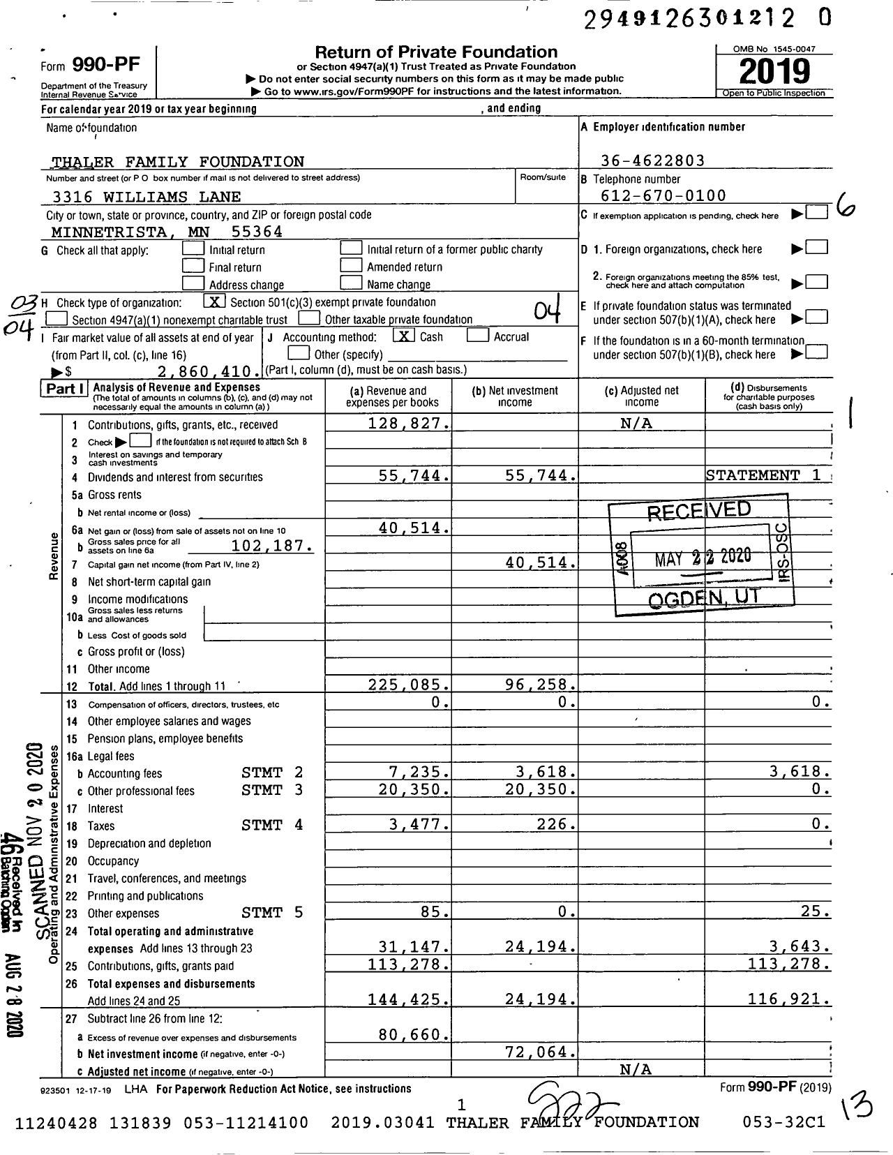 Image of first page of 2019 Form 990PF for Thaler Family Foundation