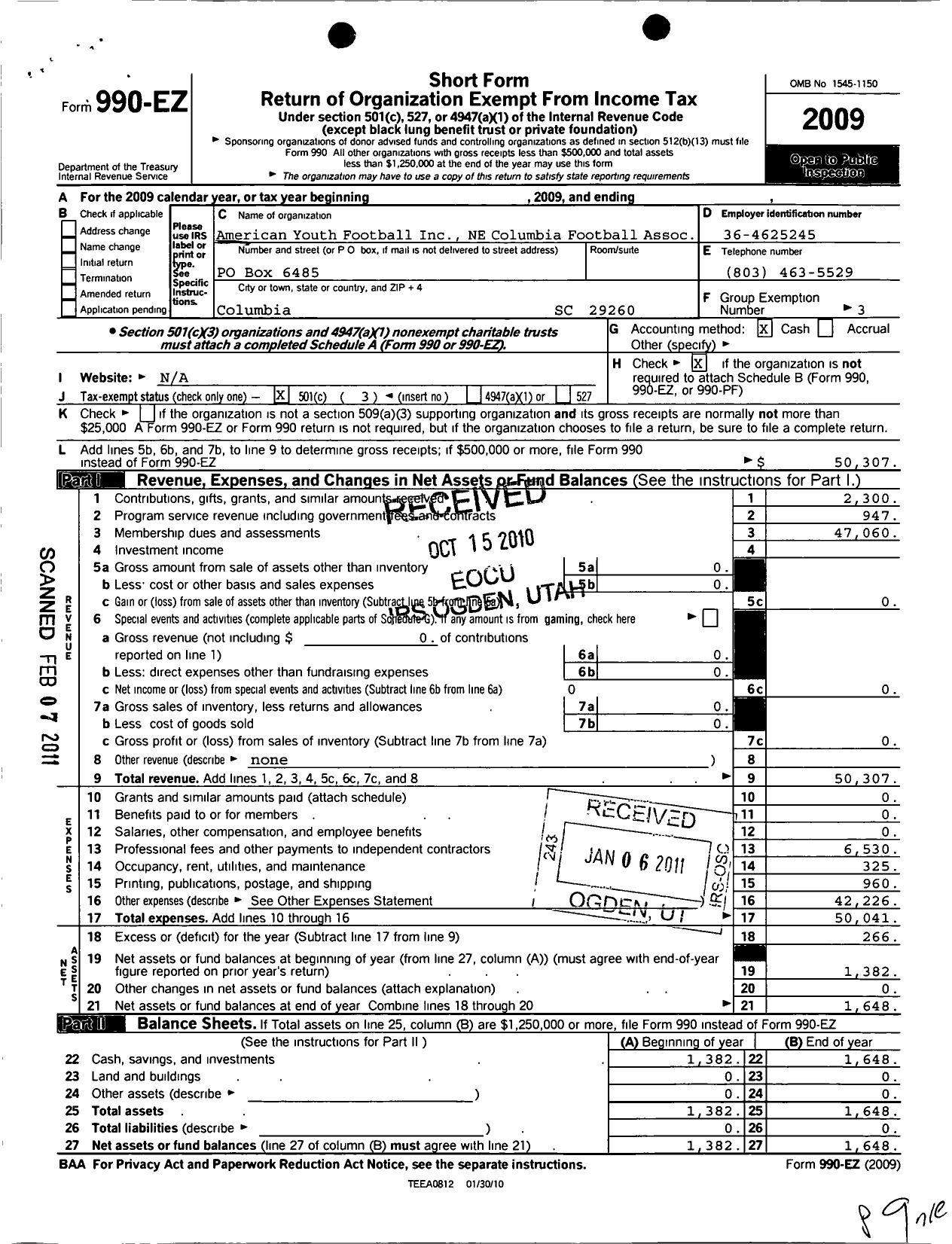 Image of first page of 2009 Form 990EZ for American Youth Football - Northeast Columbia Football Associa