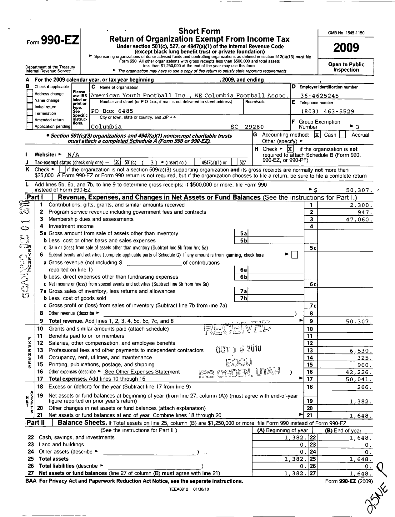 Image of first page of 2009 Form 990EZ for American Youth Football - Northeast Columbia Football Associa