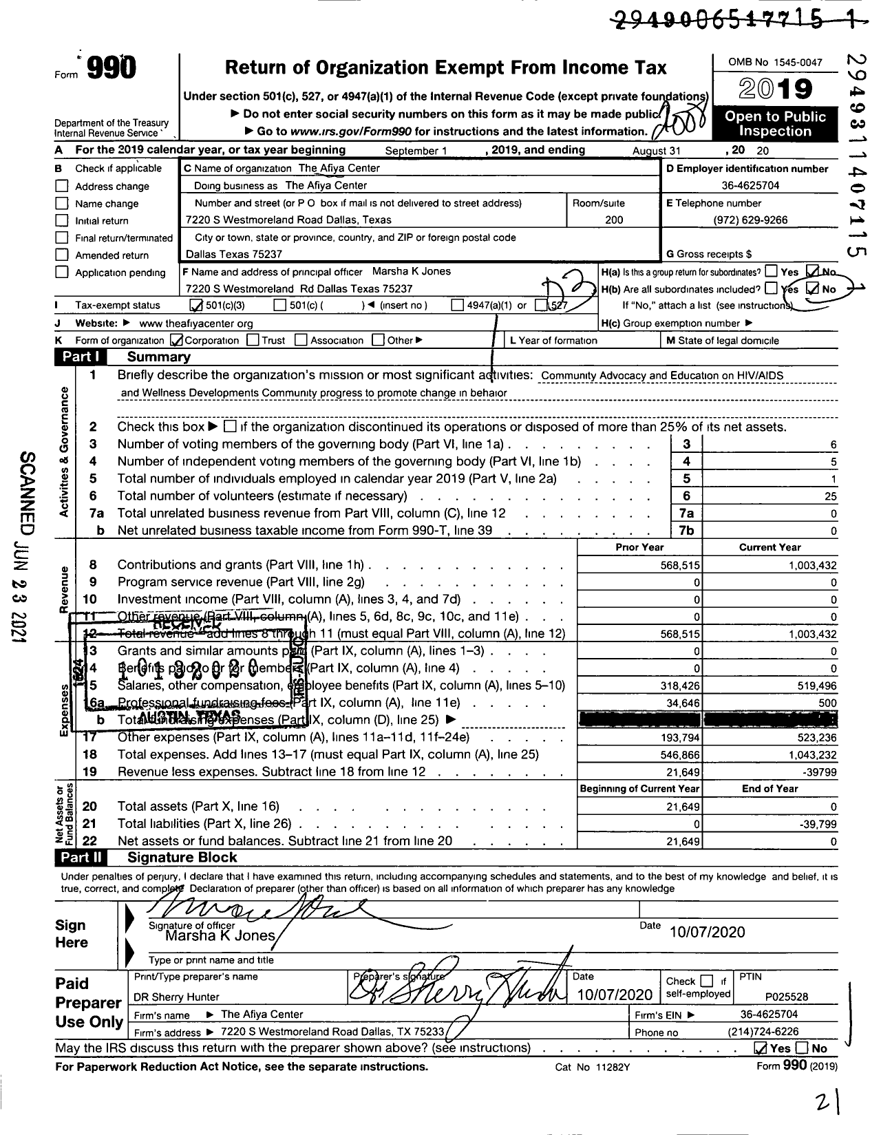 Image of first page of 2019 Form 990 for The Afiya Center