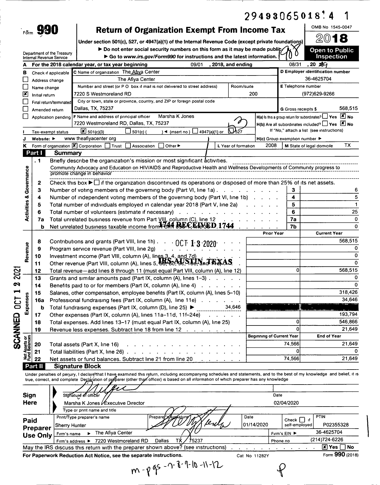 Image of first page of 2018 Form 990 for The Afiya Center