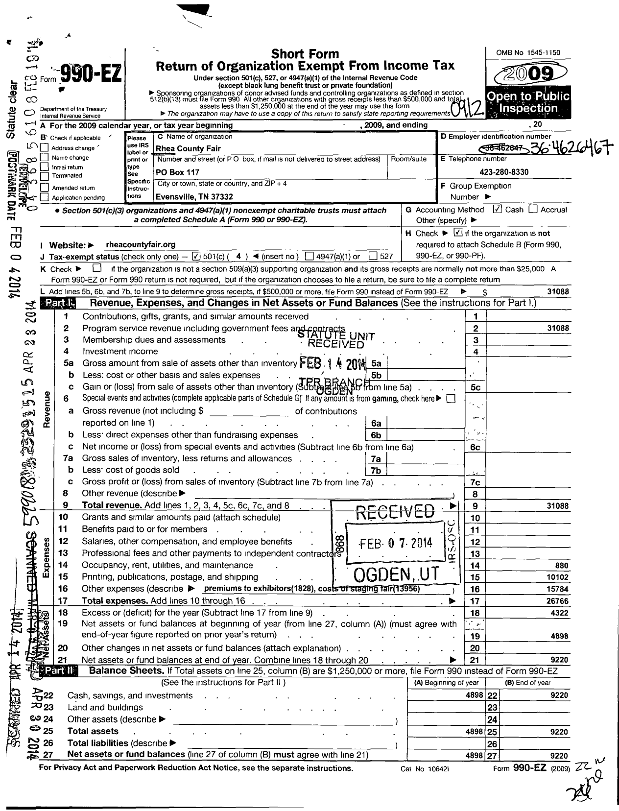 Image of first page of 2009 Form 990EO for Rhea County Fair