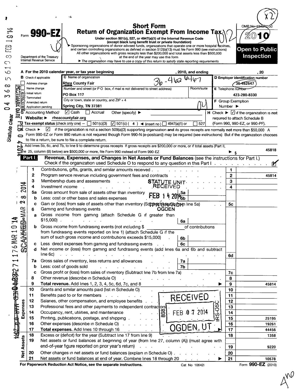 Image of first page of 2010 Form 990EO for Rhea County Fair