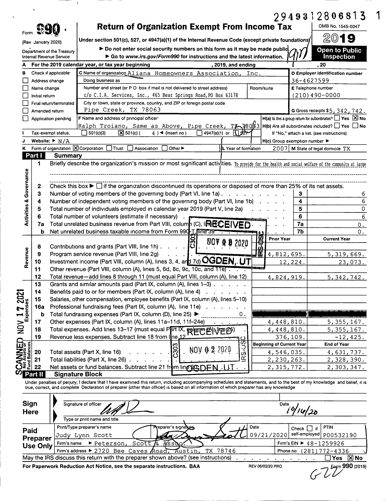 Image of first page of 2019 Form 990O for Aliana Homeowners Association