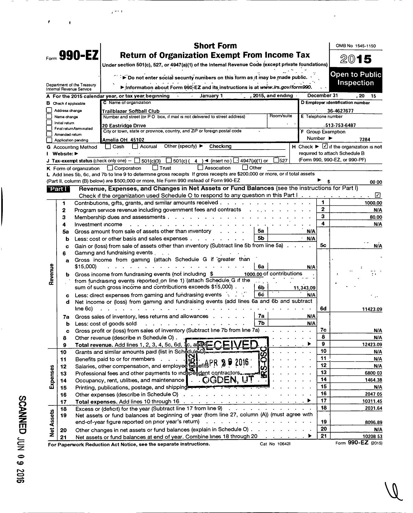 Image of first page of 2015 Form 990EO for Trailblazers Softball Club