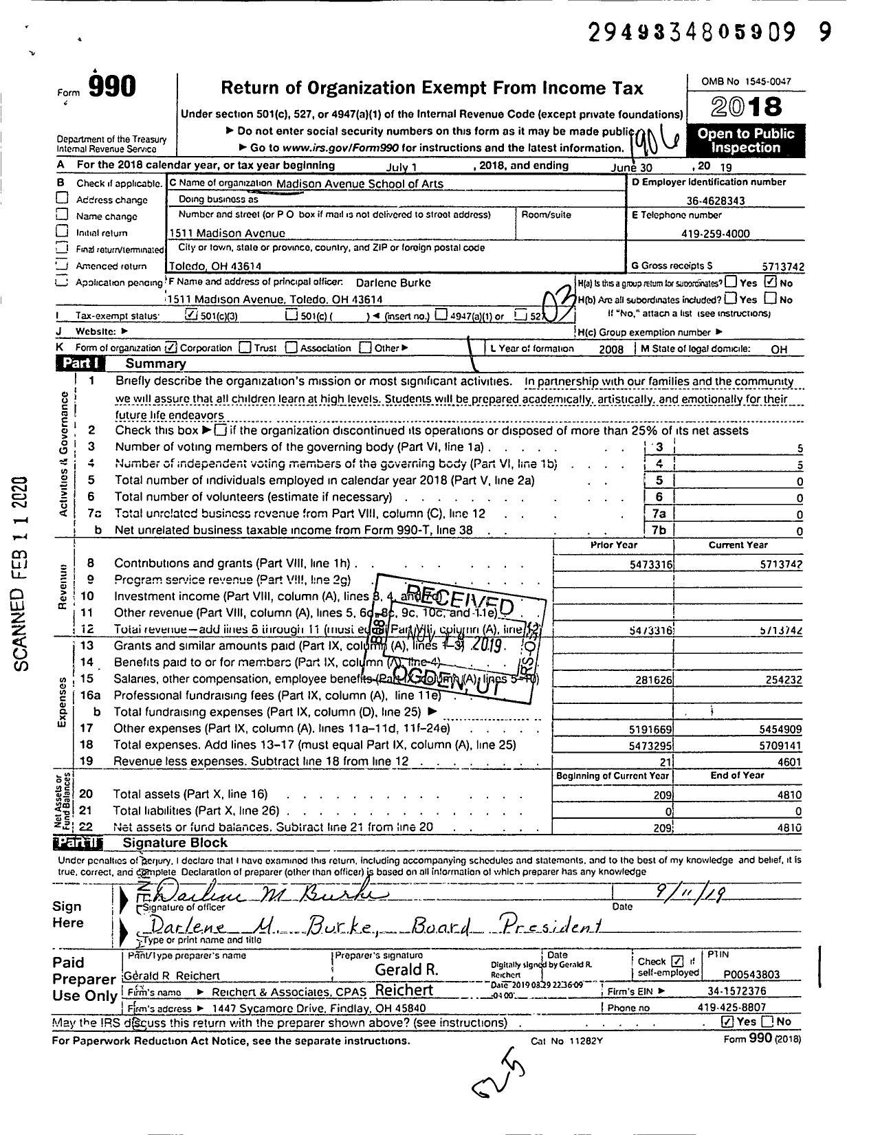 Image of first page of 2018 Form 990 for Madison Avenue School of the Arts
