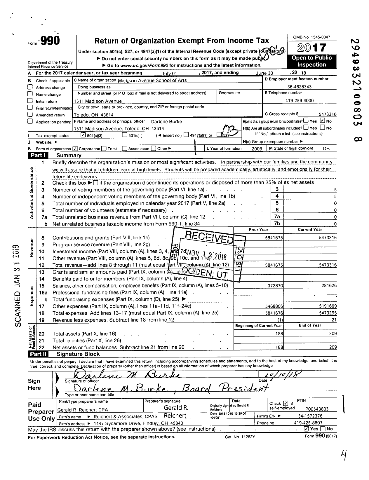 Image of first page of 2017 Form 990 for Madison Avenue School of the Arts