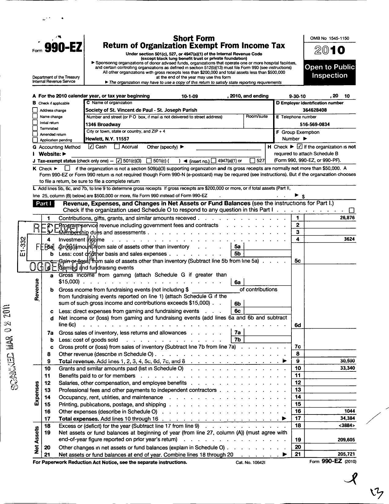 Image of first page of 2009 Form 990EZ for Central Council of the Society of St Vincent de Paul in the Diocese / St Joseph Parish-Hewlett