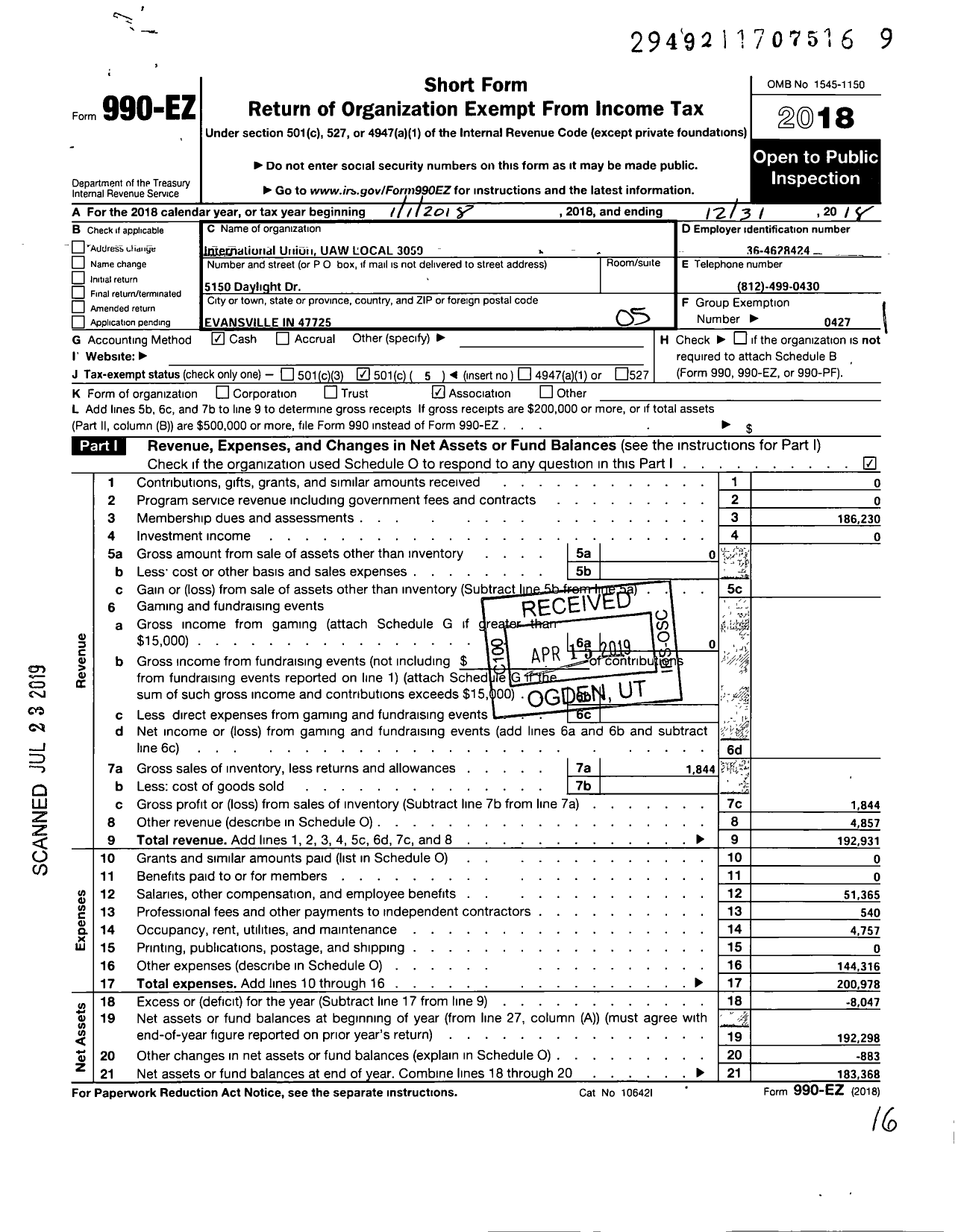 Image of first page of 2018 Form 990EO for International Union UAW Local 3059