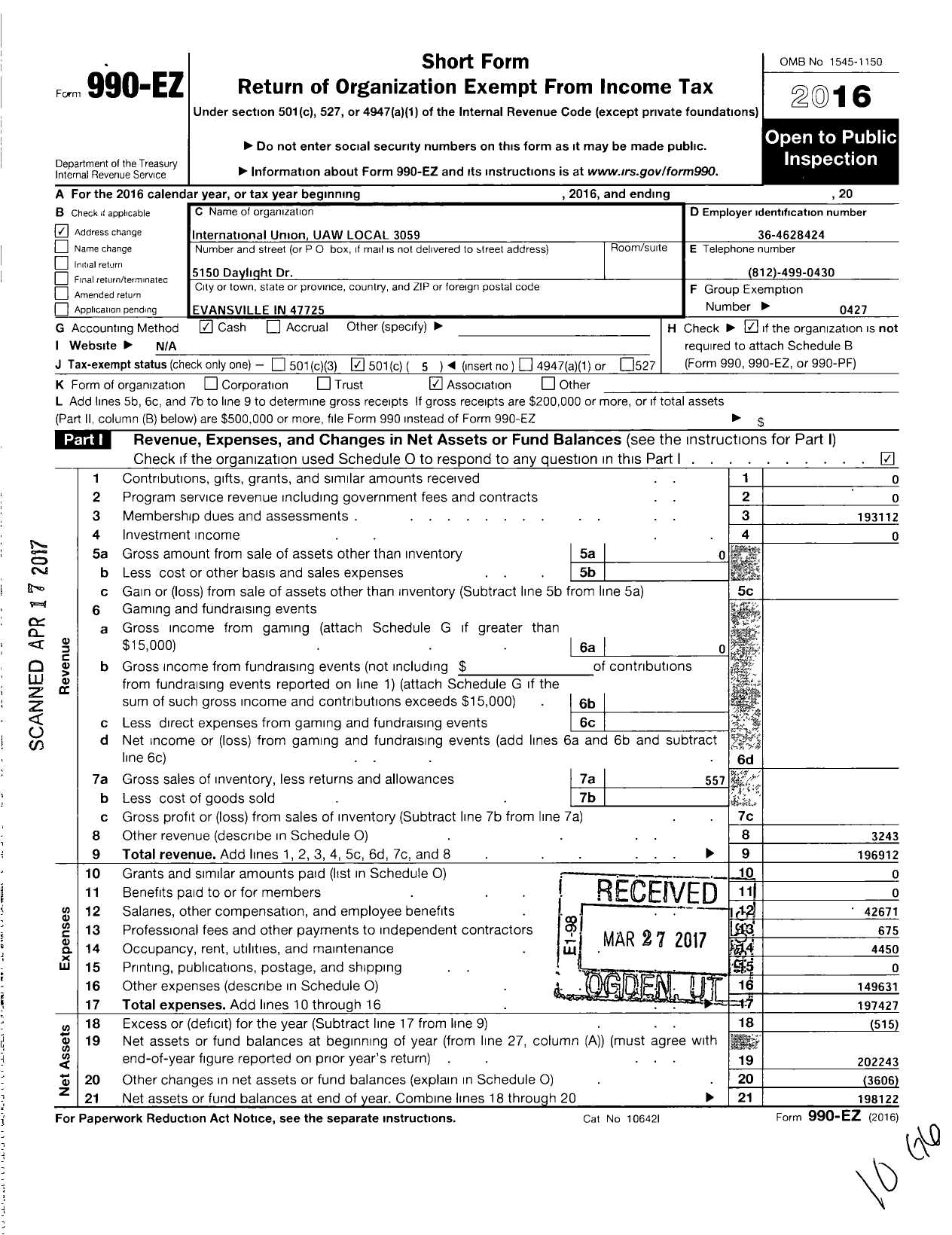 Image of first page of 2016 Form 990EO for International Union UAW Local 3059