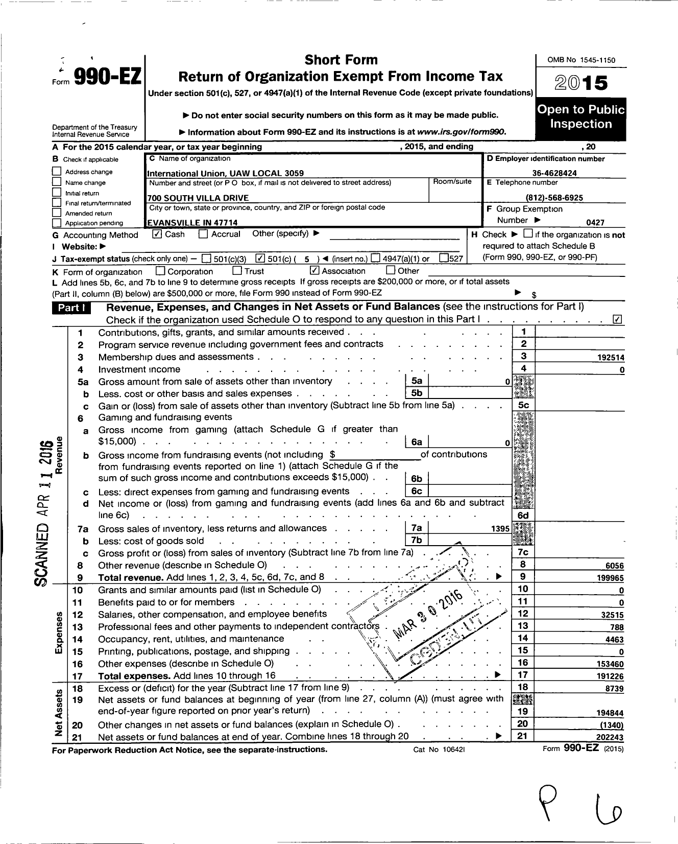 Image of first page of 2015 Form 990EO for International Union UAW Local 3059