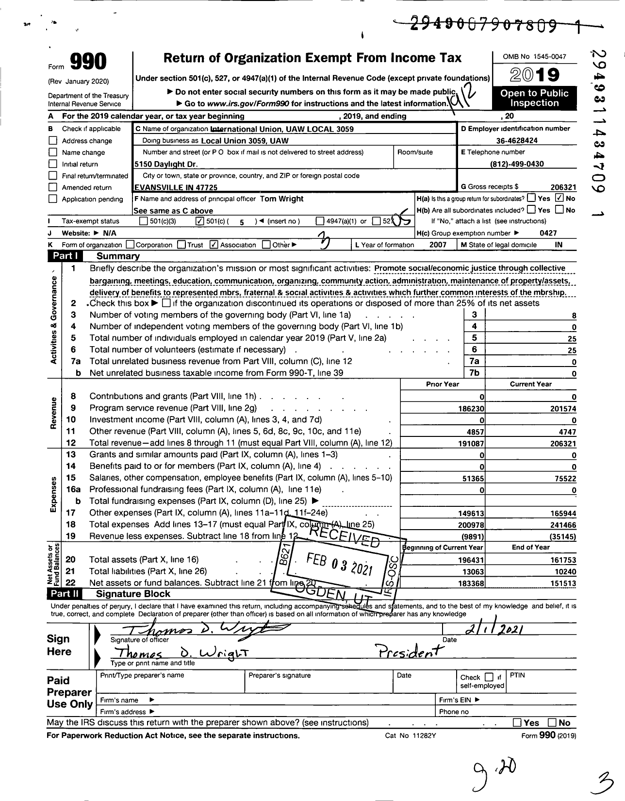 Image of first page of 2019 Form 990O for International Union UAW Local 3059