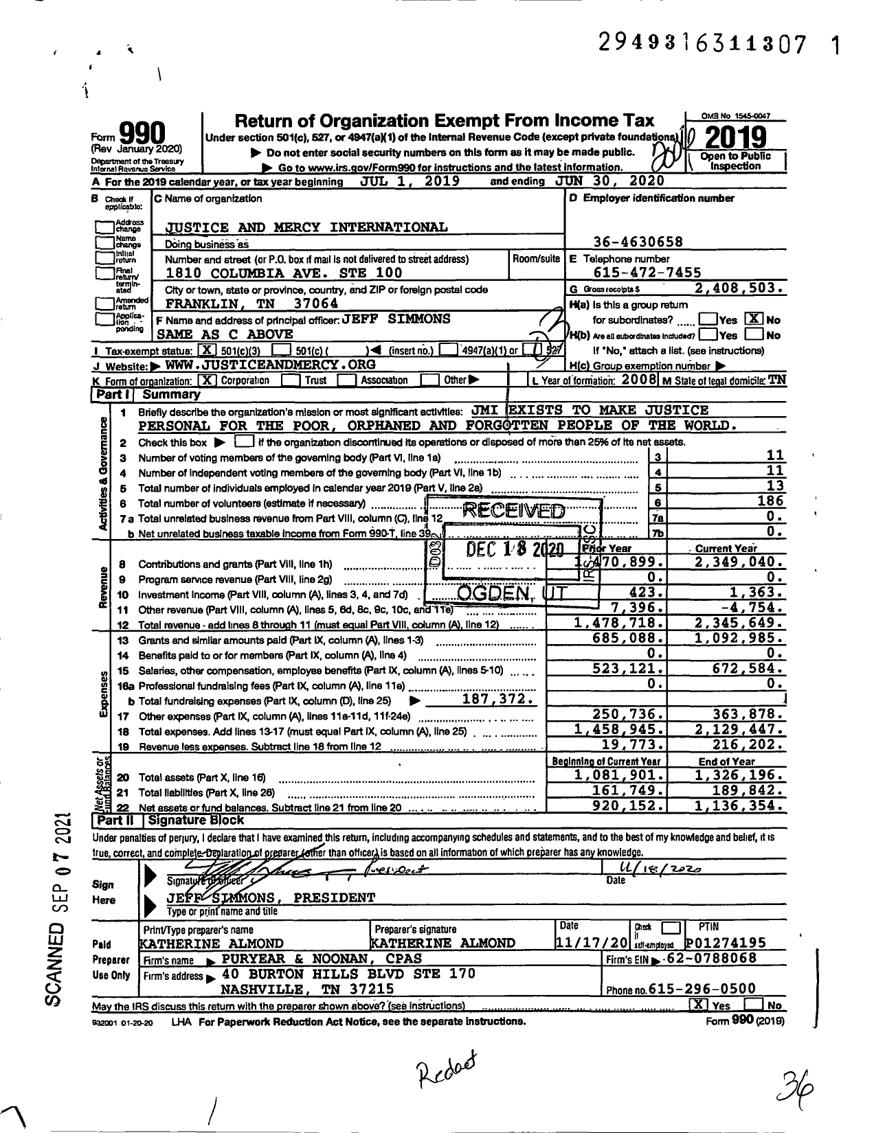 Image of first page of 2019 Form 990 for Justice and Mercy International (JMA)