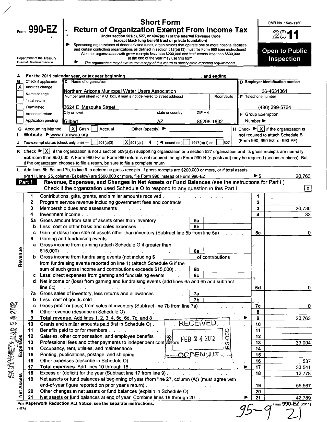 Image of first page of 2011 Form 990EO for Northern Arizona Municipal Water Users Association