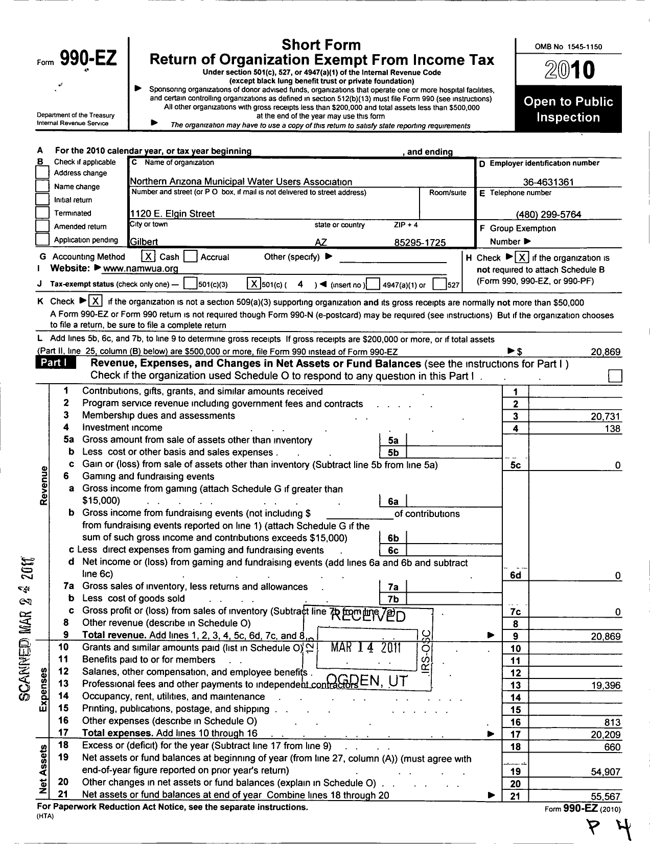 Image of first page of 2010 Form 990EO for Northern Arizona Municipal Water Users Association