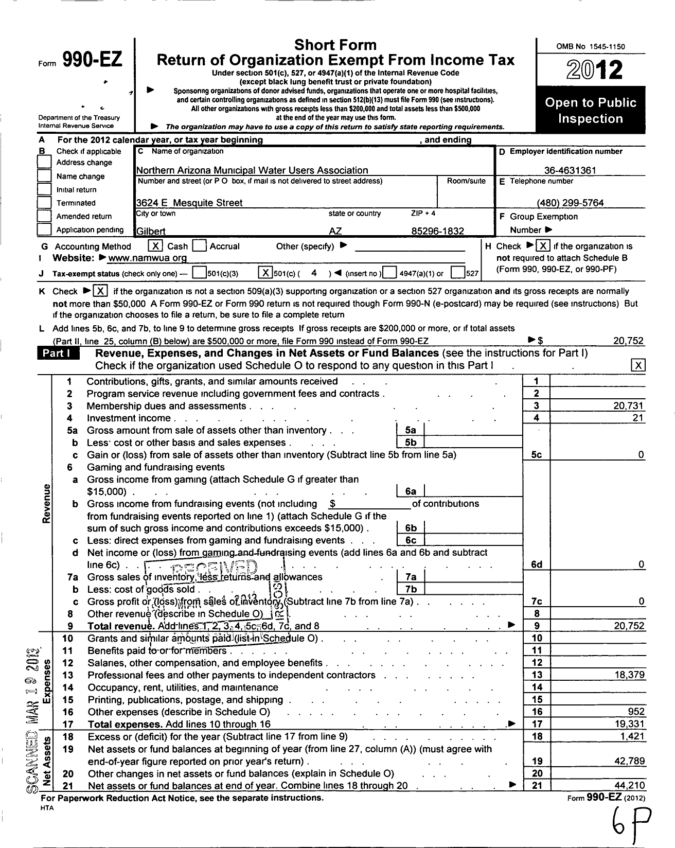 Image of first page of 2012 Form 990EO for Northern Arizona Municipal Water Users Association