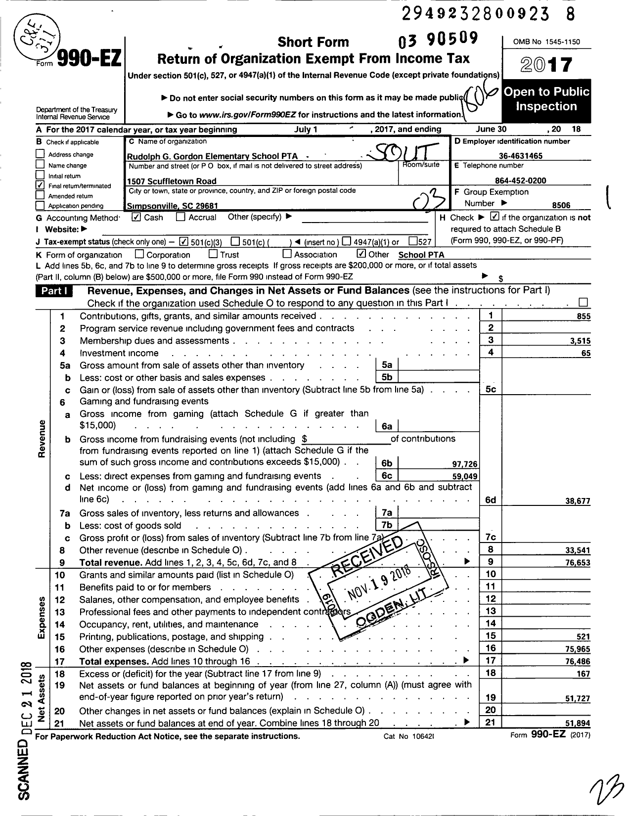 Image of first page of 2017 Form 990EZ for Rudolph Gordon School PTA