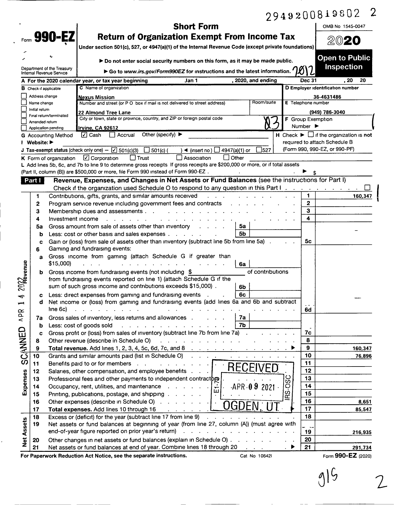 Image of first page of 2020 Form 990EZ for Nexus Mission
