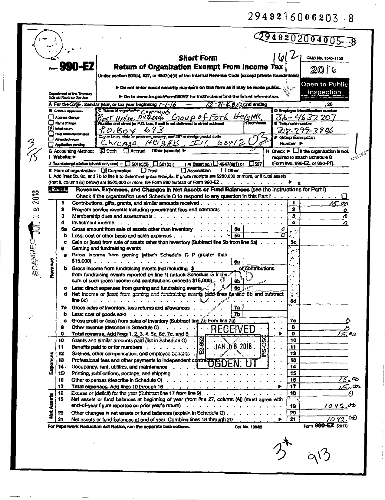 Image of first page of 2016 Form 990EZ for First Union Community Outreach Group of Ford Heights Illinois