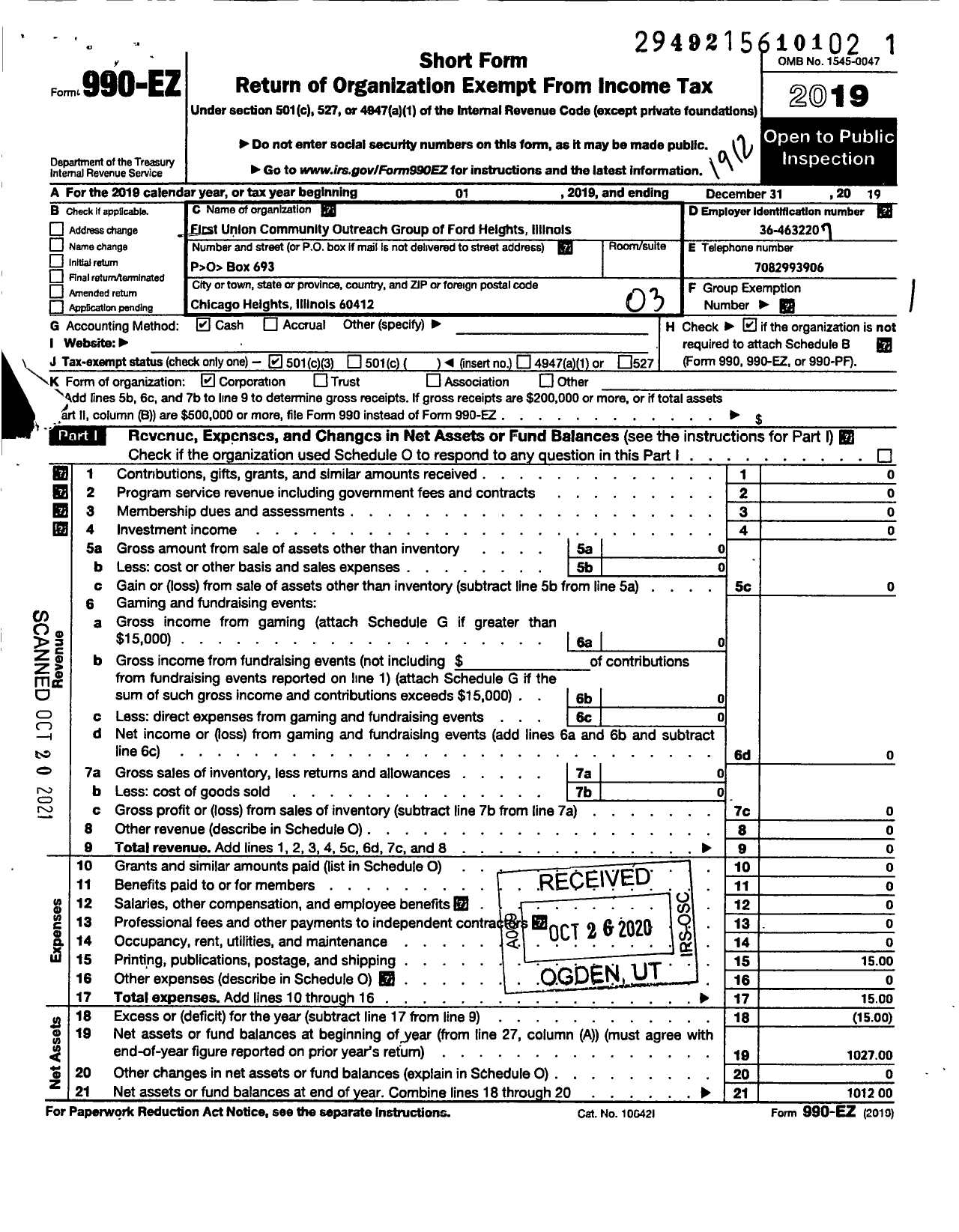 Image of first page of 2019 Form 990EZ for First Union Community Outreach Group of Ford Heights Illinois