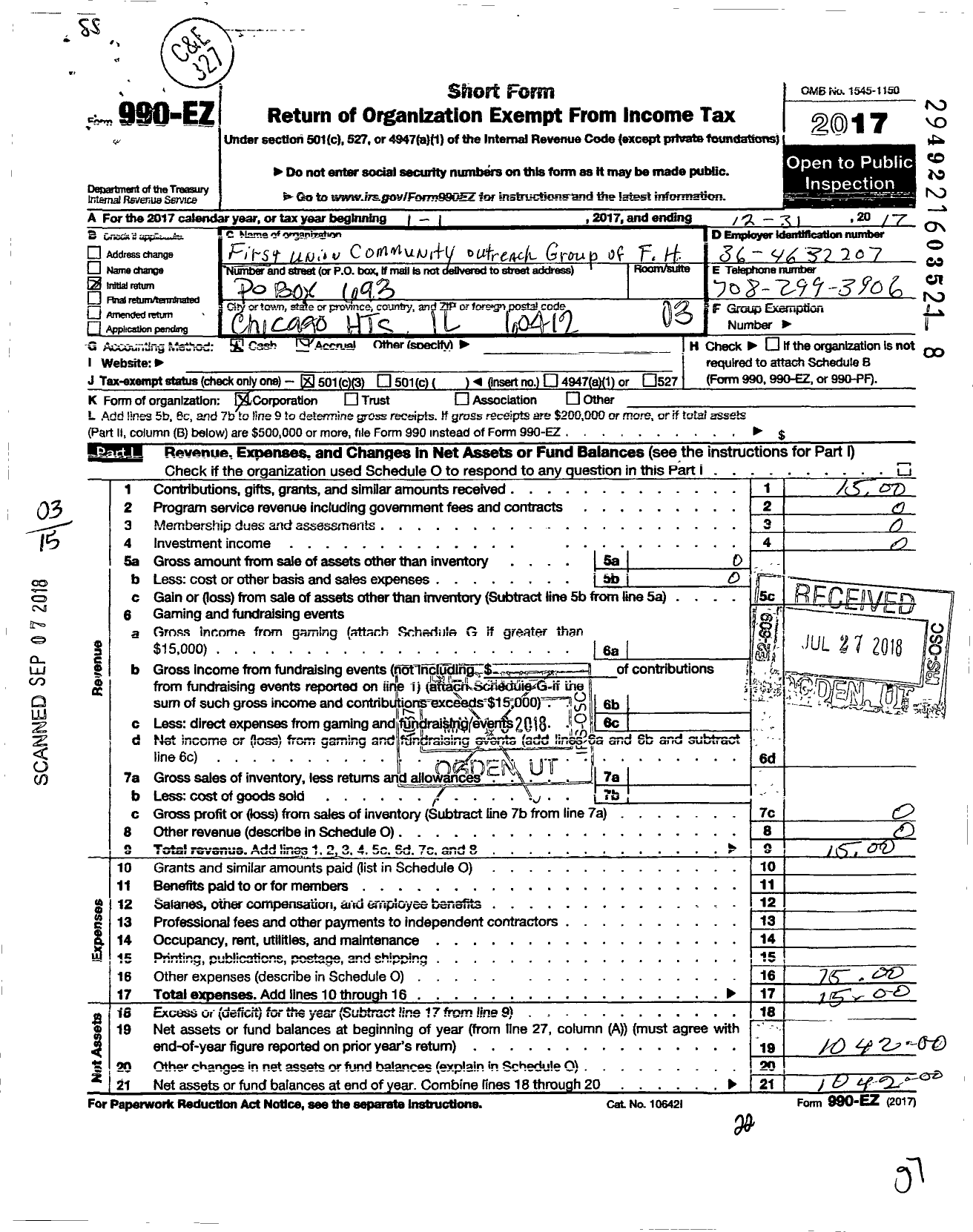 Image of first page of 2017 Form 990EZ for First Union Community Outreach Group of Ford Heights Illinois