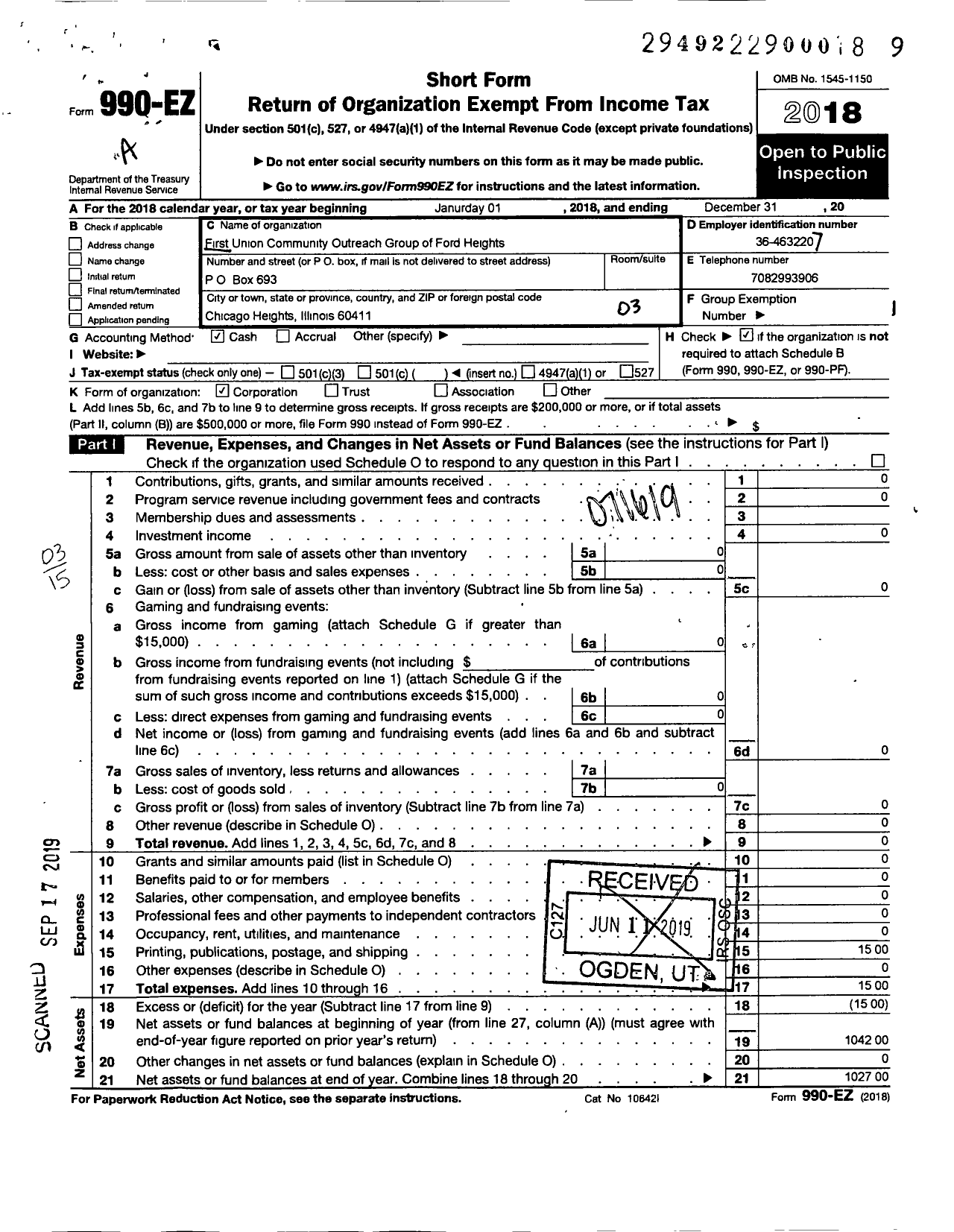 Image of first page of 2018 Form 990EZ for First Union Community Outreach Group of Ford Heights Illinois