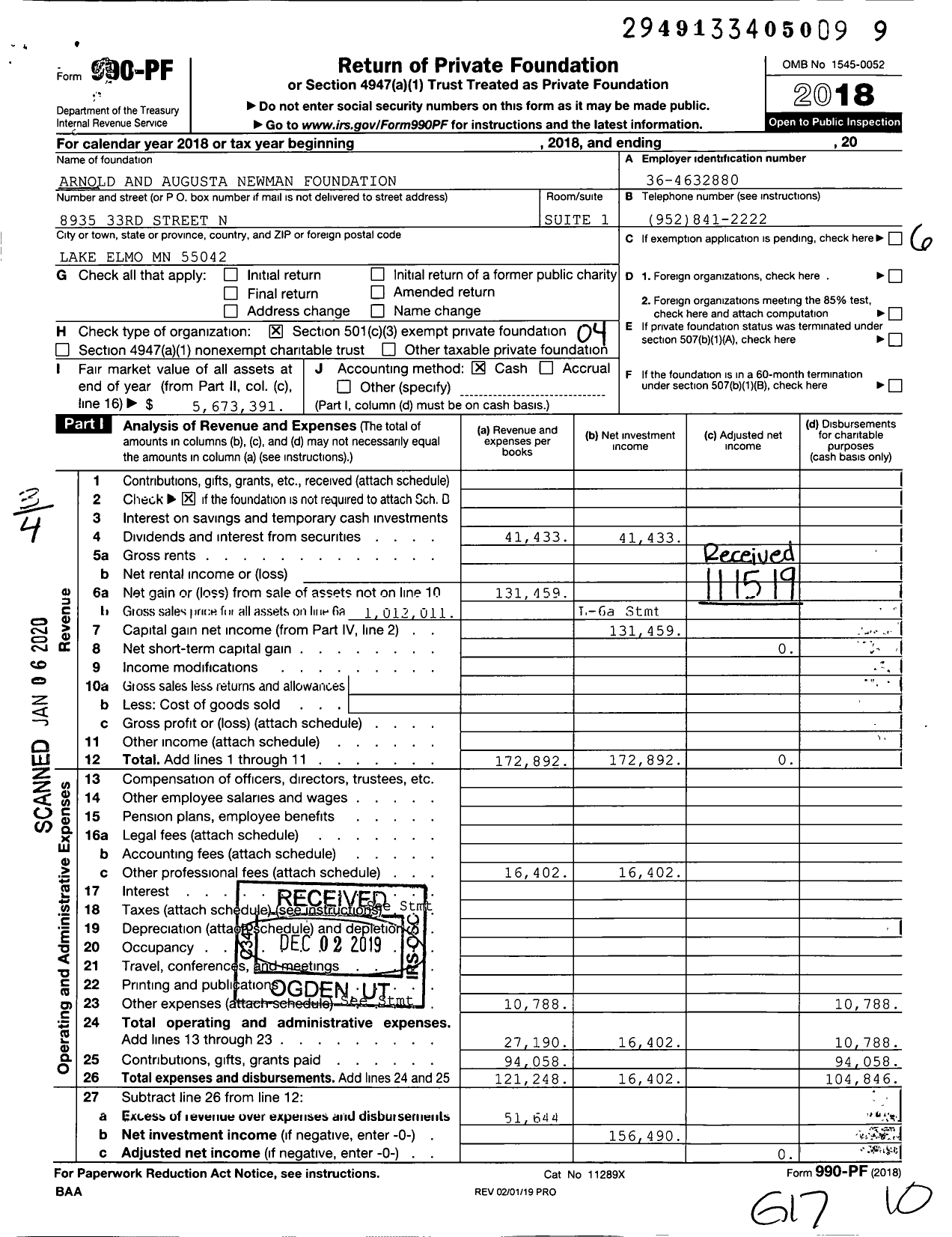 Image of first page of 2018 Form 990PF for Arnold and Augusta Newman Foundation