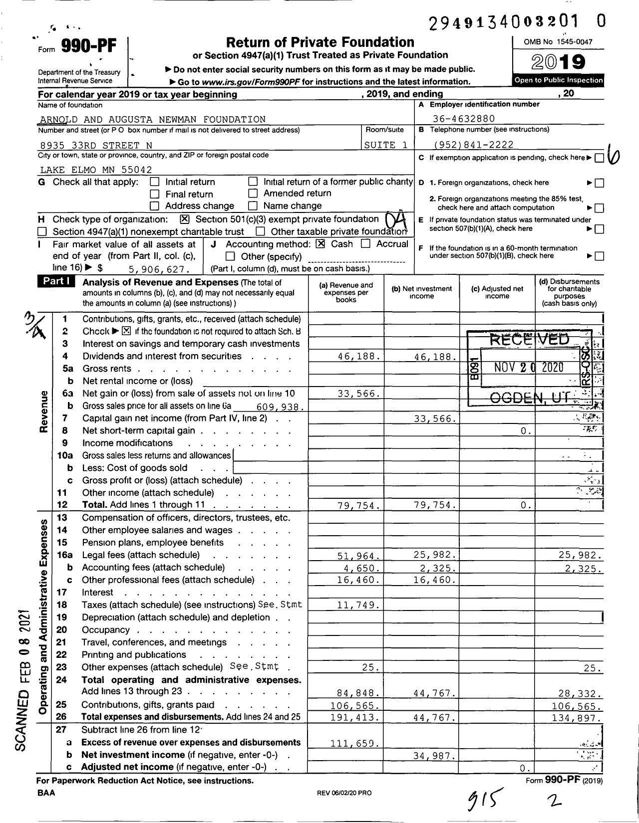 Image of first page of 2019 Form 990PF for Arnold and Augusta Newman Foundation
