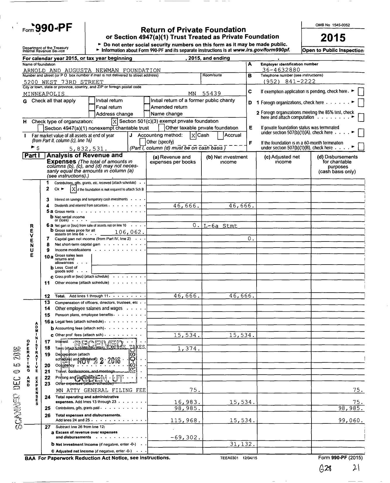 Image of first page of 2015 Form 990PF for Arnold and Augusta Newman Foundation