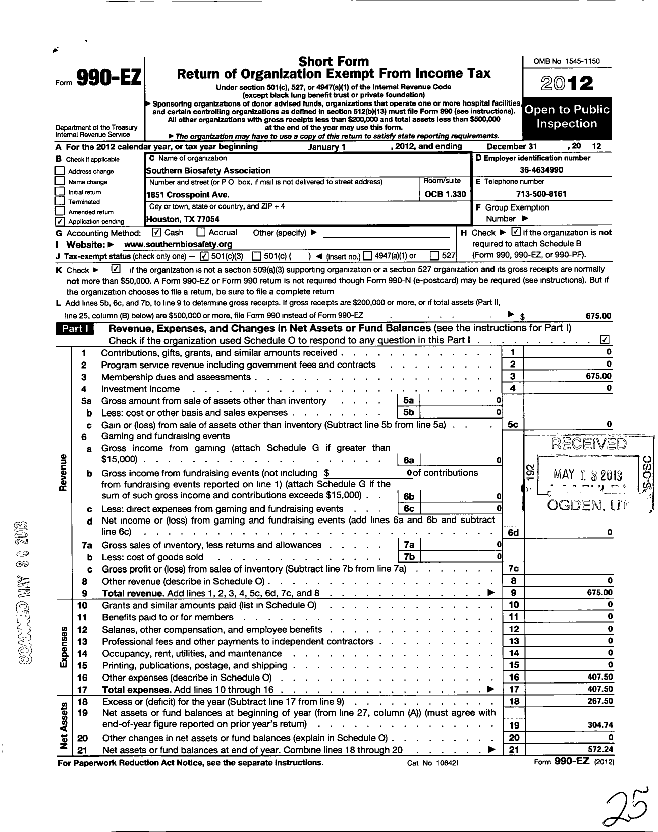 Image of first page of 2012 Form 990EZ for Southern Biosafety Association