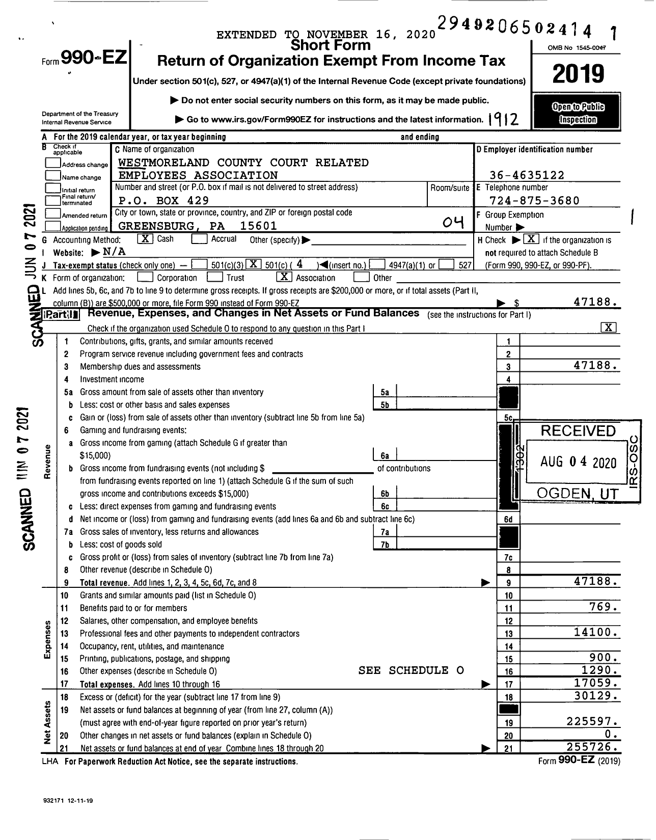 Image of first page of 2019 Form 990EO for Westmoreland County Court Related Employees Association