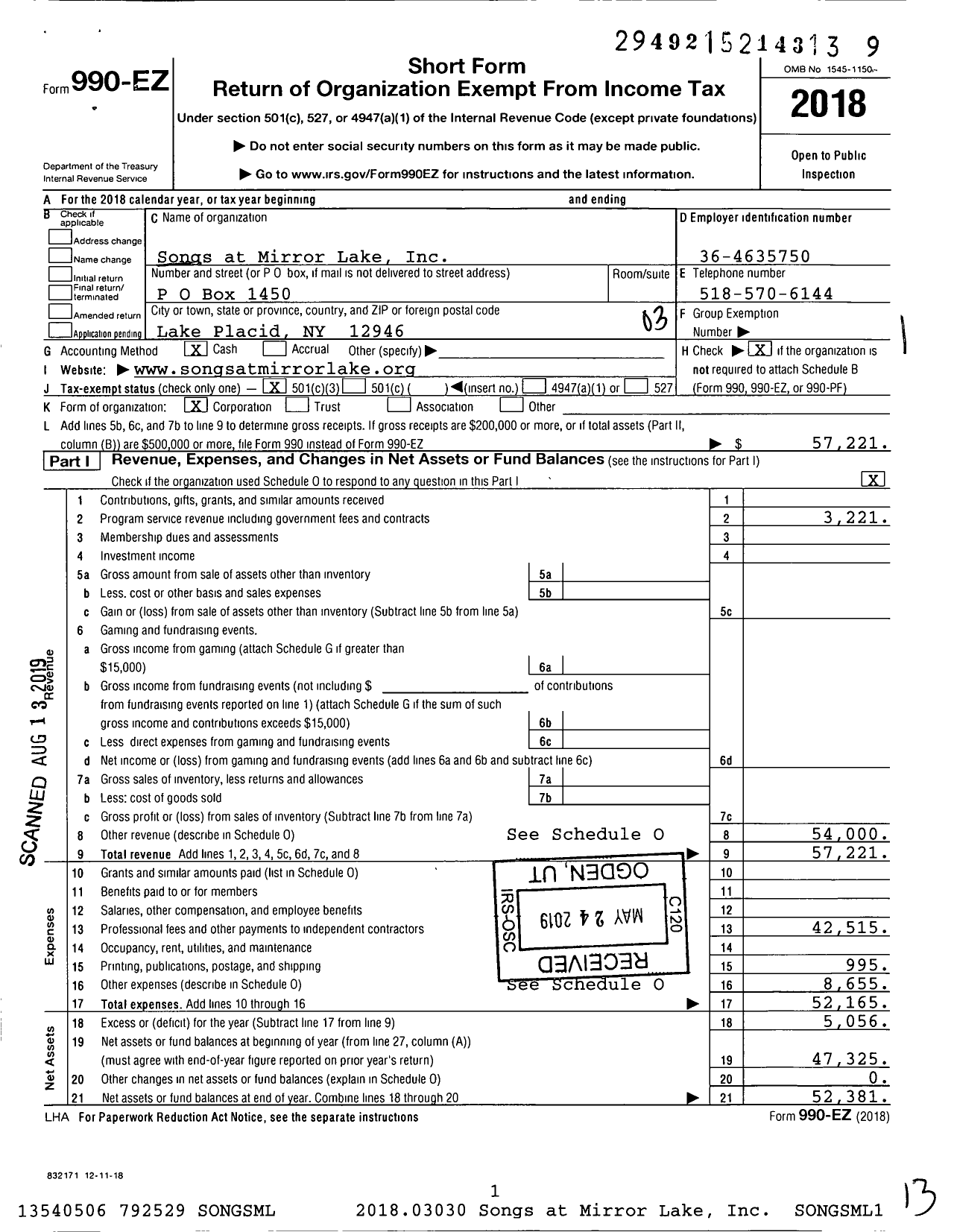 Image of first page of 2018 Form 990EZ for Songs at Mirror Lake