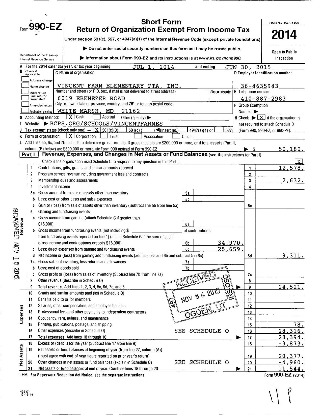 Image of first page of 2014 Form 990EZ for Vincent Farm Elementary PTA