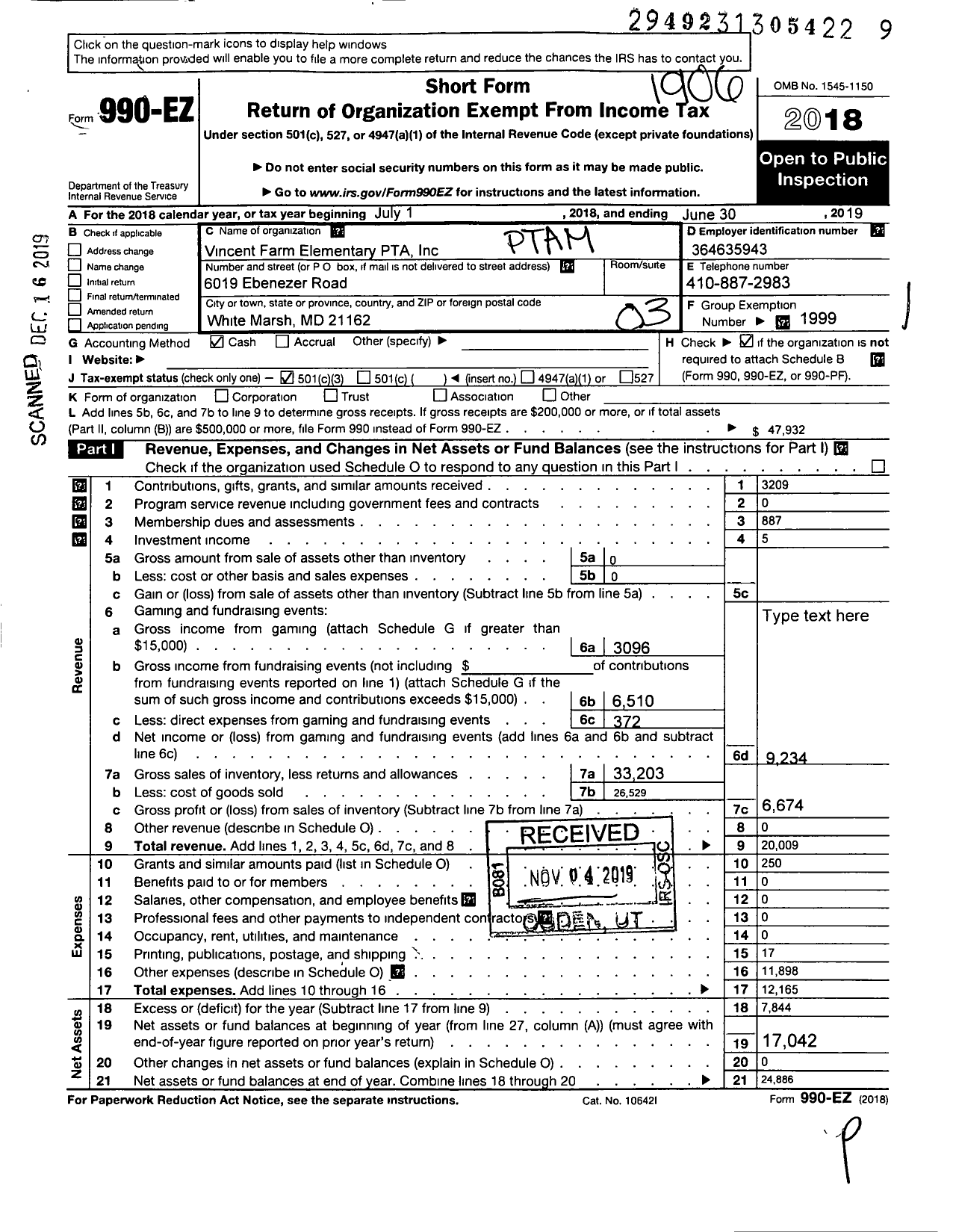 Image of first page of 2018 Form 990EZ for Vincent Farm Elementary PTA