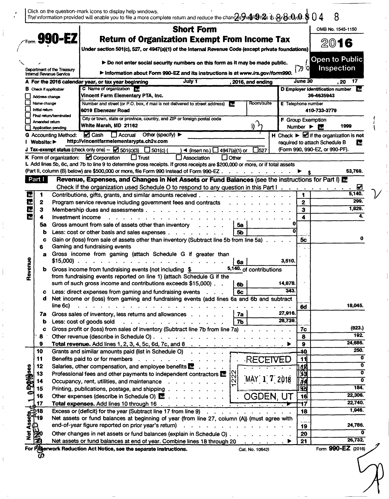 Image of first page of 2016 Form 990EZ for Vincent Farm Elementary PTA