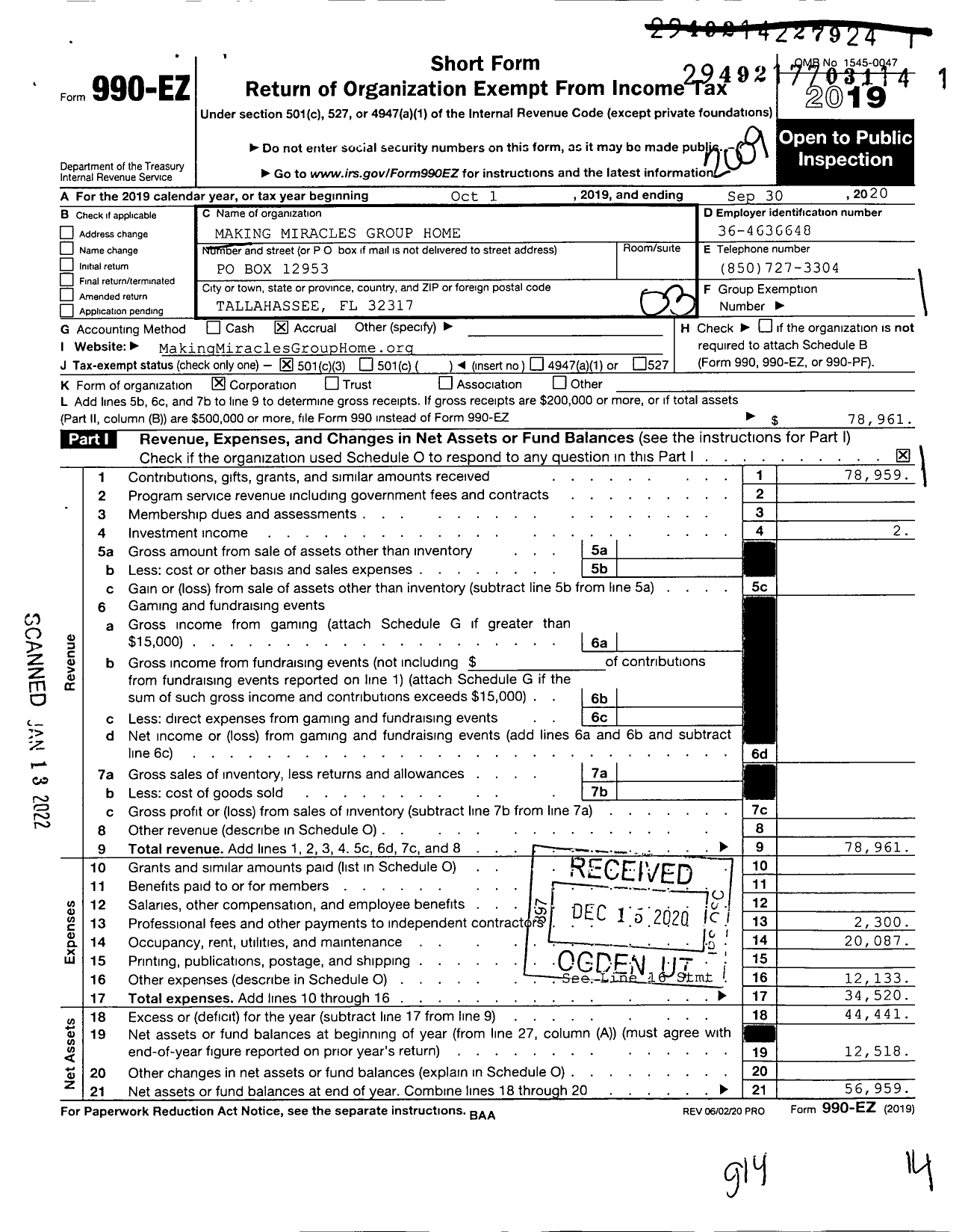 Image of first page of 2019 Form 990EZ for Making Miracles Group Home