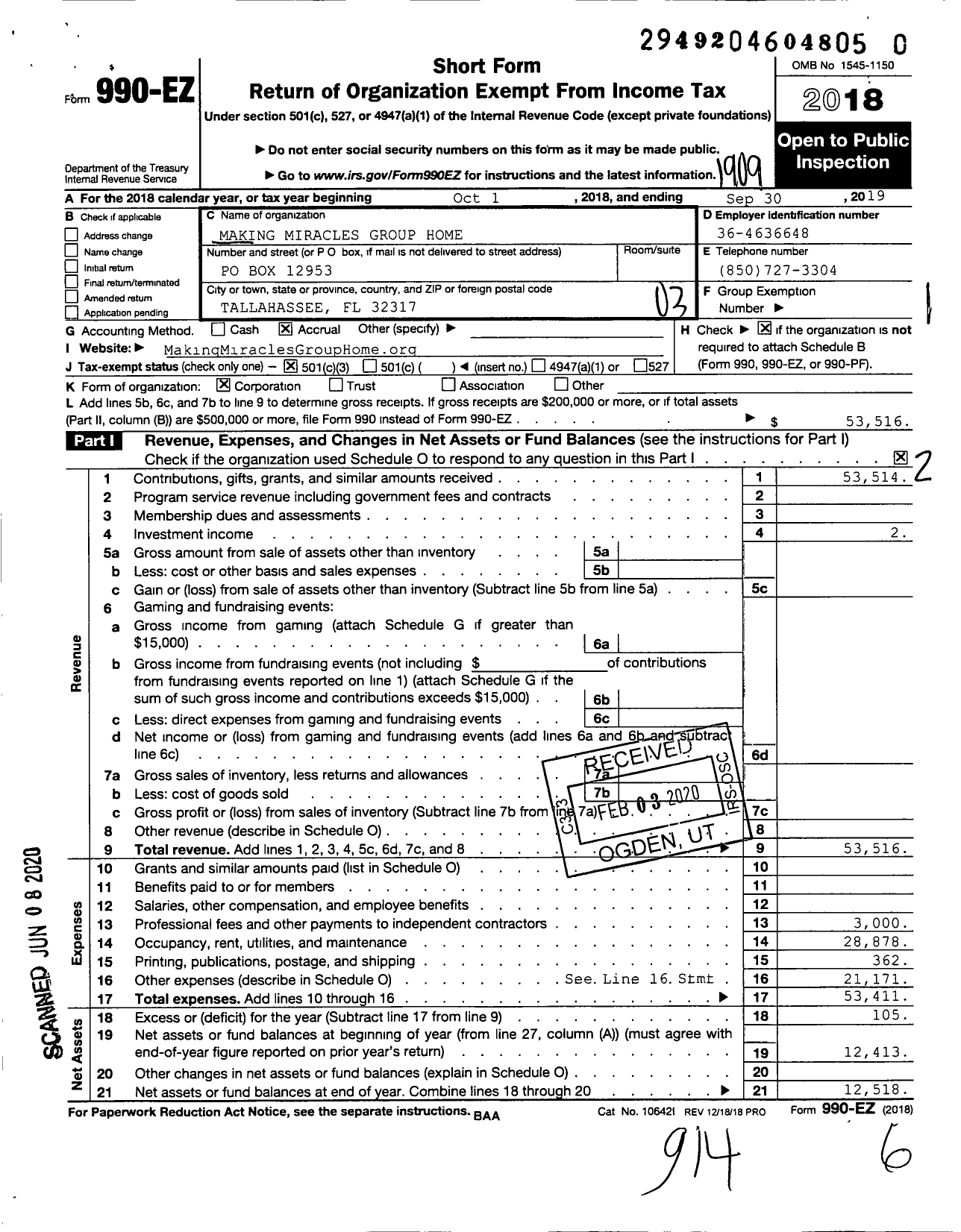 Image of first page of 2018 Form 990EZ for Making Miracles Group Home