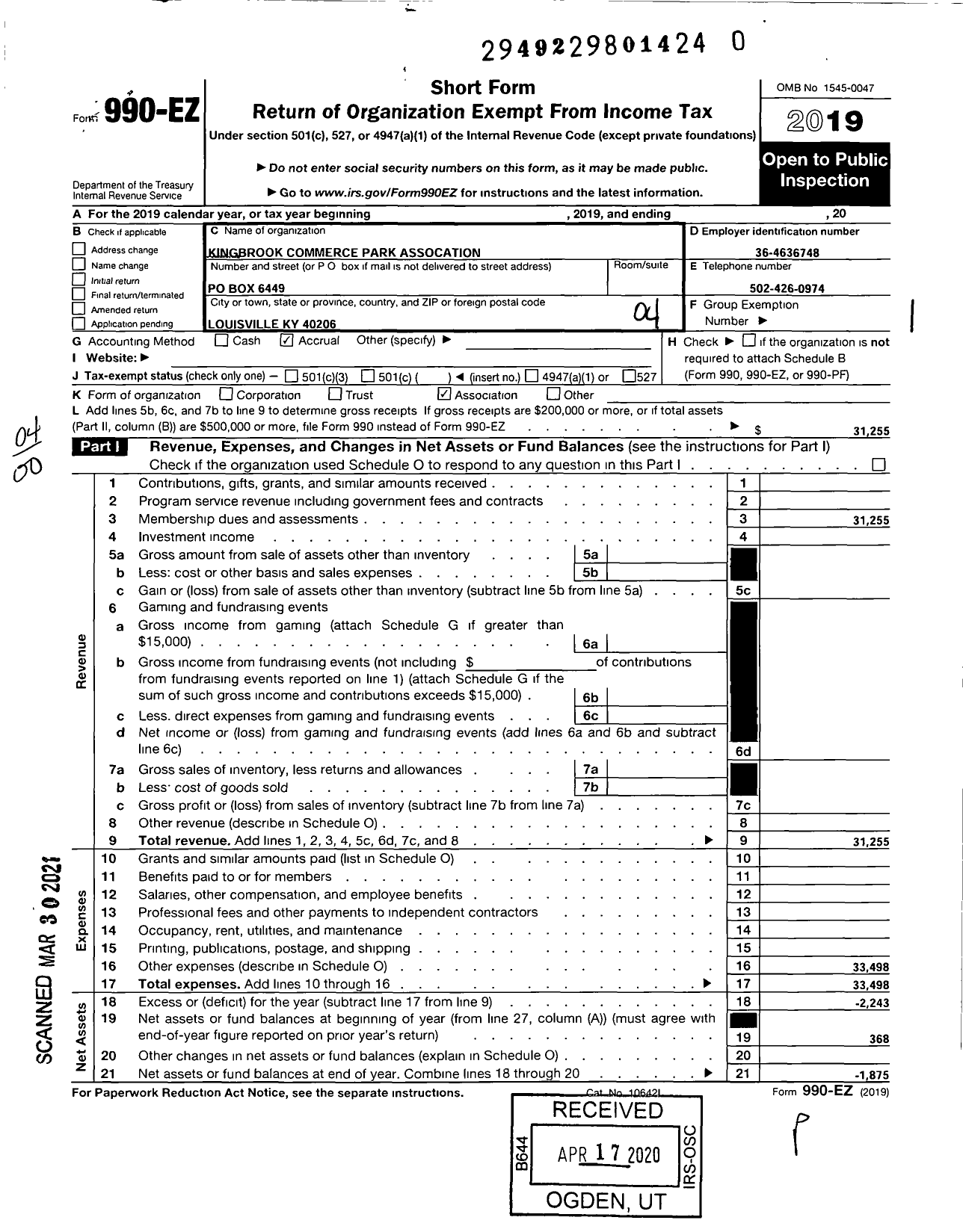 Image of first page of 2019 Form 990EO for Kingbrook Commerce Park Association