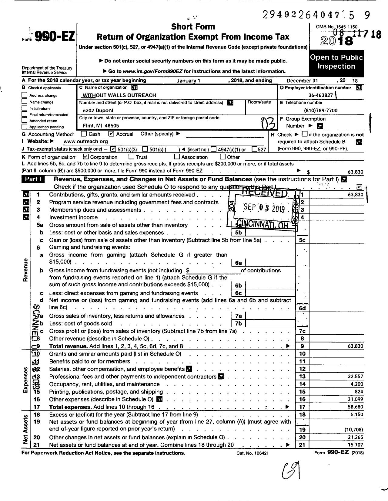 Image of first page of 2018 Form 990EZ for Without Walls Outreach
