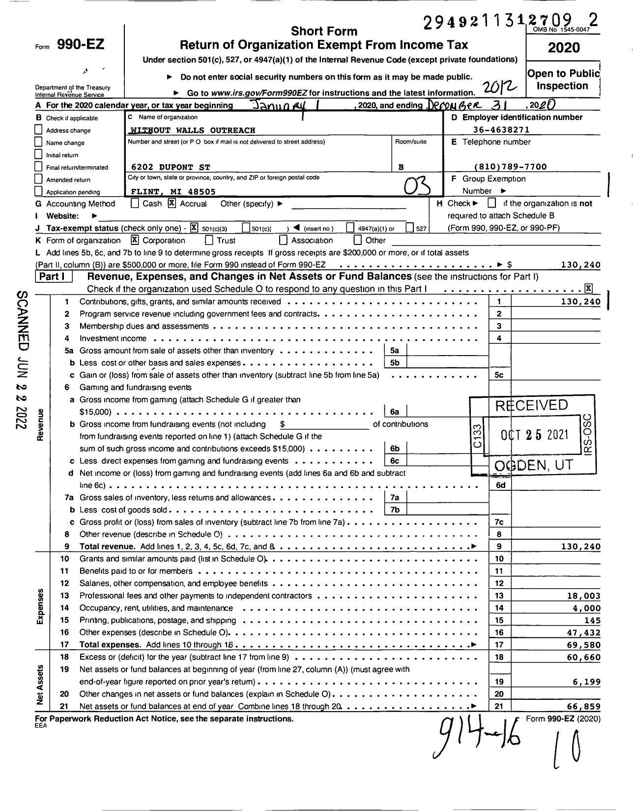 Image of first page of 2020 Form 990EZ for Without Walls Outreach