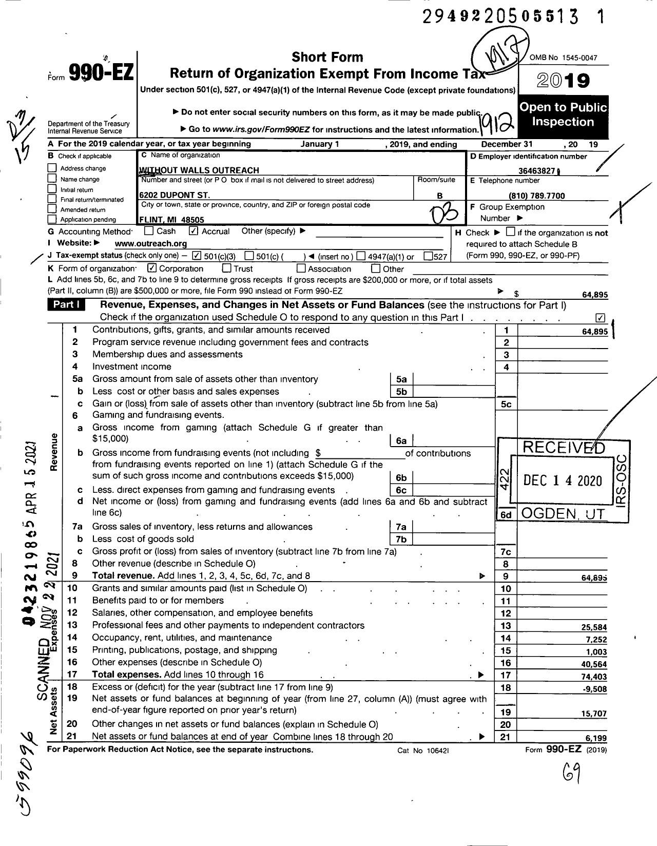 Image of first page of 2019 Form 990EZ for Without Walls Outreach