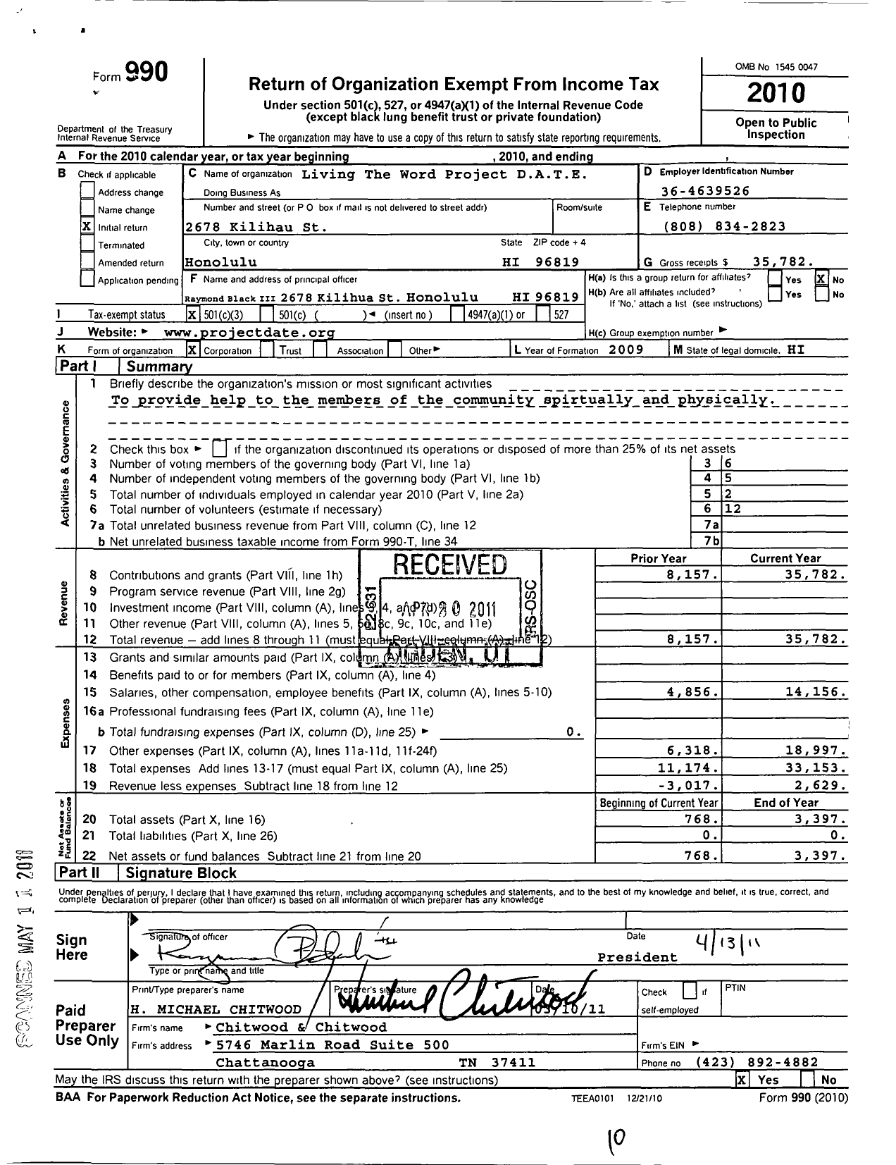 Image of first page of 2010 Form 990 for Living the Word Project Date